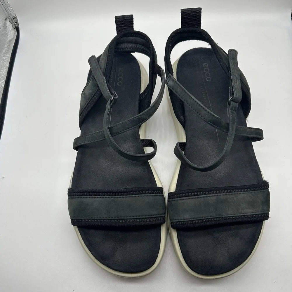 ECCO Plateau Women's 38 US 7.5 Comfort Wedge Sandals Leather Black